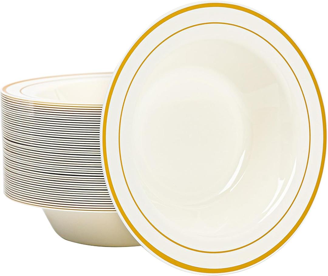 50 Pack Ivory Gold Plastic Bowls, 12oz Gold Rim Fancy Disposable Soup Bowl Heavy-Duty Serving Dessert/Salad Bowls for Party, Birthday