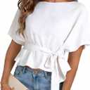 Womens Summer Tie Front Blouses 2026 Crew Neck Batwing Short Sleeve Basic Tops Shirts