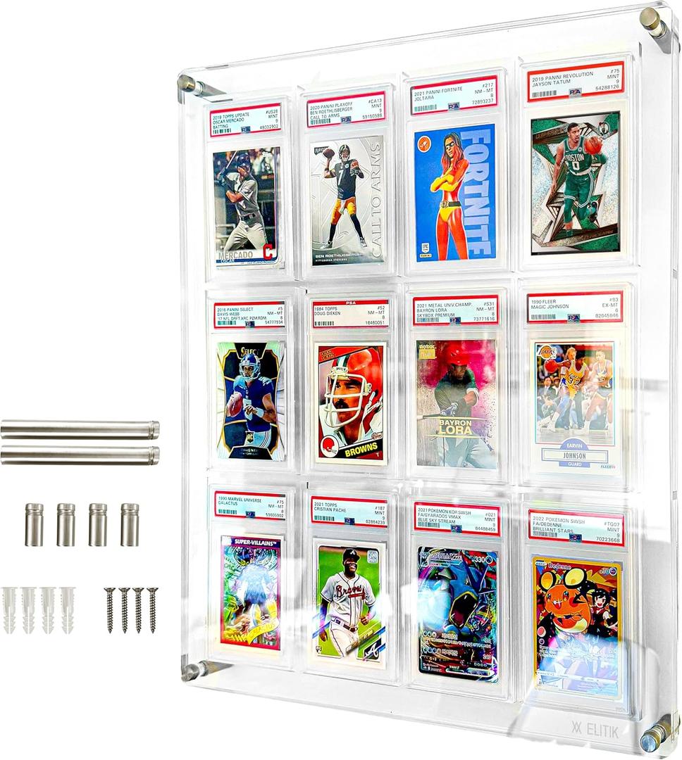 Acrylic Card Display Case for PSA, SGC & CGC Slabs Holds 12 Graded Cards, Wall Mount or Desktop Frame, Clear Acrylic Trading Card Display for Sports & Baseball, Football, Basketball (Transparent)