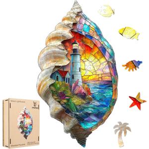 Ixfyloop Lighthouse Wooden Puzzles for Adults, Seashell Jigsaw Puzzles 500 Pieces, Unique Design Color Challenge Adult Puzzles for Family Brain Game Gift, Home Decor,12.8x23.2 inch (Large)
