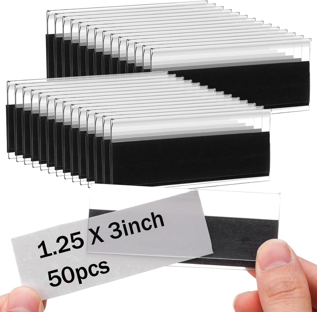 Fainne 50 Pcs 1.25" H Magnetic Shelf Label Holders for Metal Racks and Shelves, 3'' Long Clear Magnetic Shelf Label Strips Gondola Price Tag Installed in Supermarkets, Shops, Convenience Stores