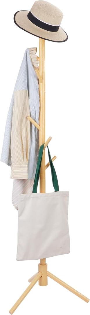 Elevon Wooden Coat Rack Stand, 8-Hook Freestanding Coat Tree with Adjustable Height, Modern Coat Rack for Hanging Jackets, Scarves, Backpacks in Living Room, Hallway, Apartment, Natural