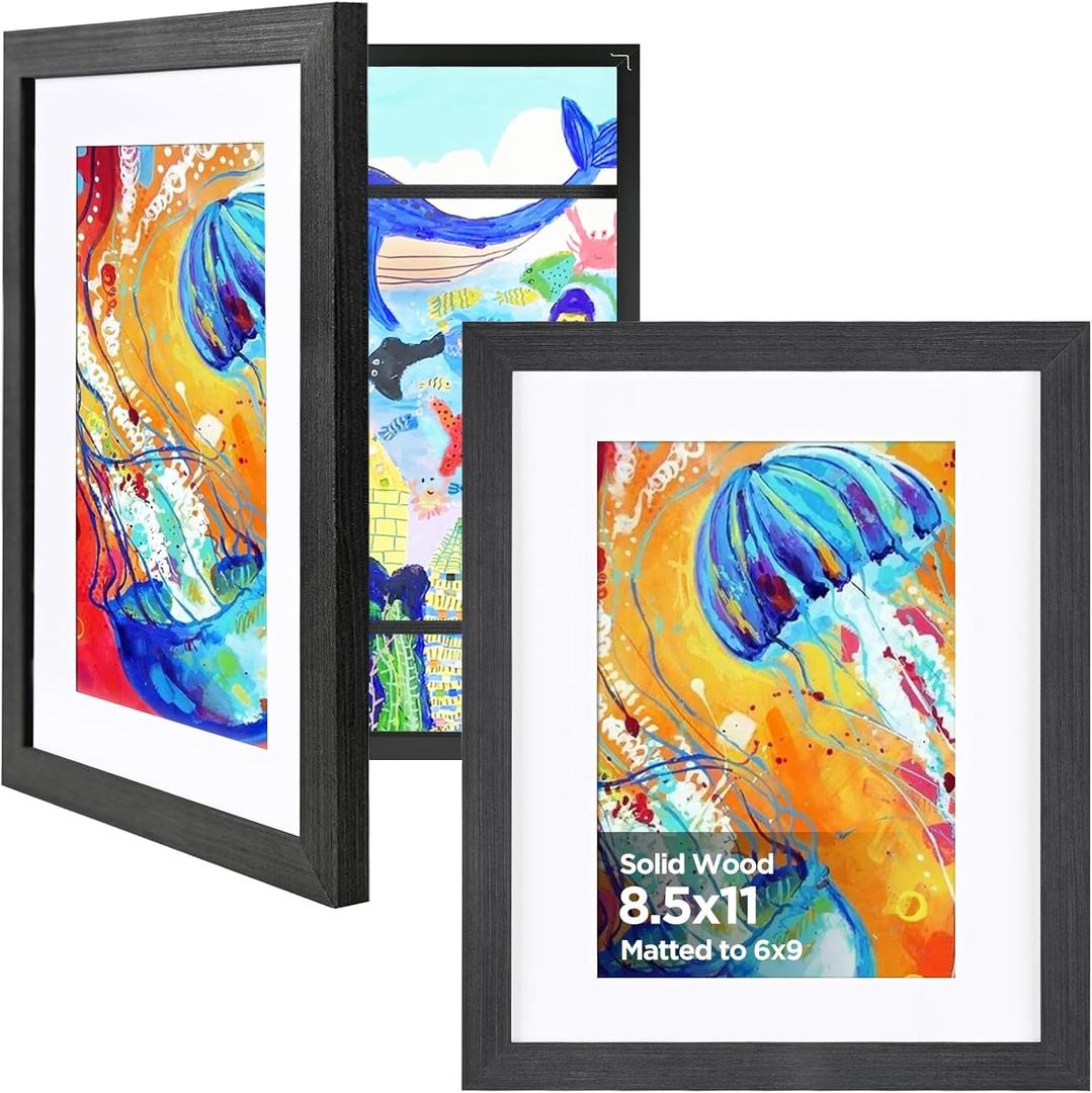 KINLINK 8.5x11 Kids Art Frames Set of 2, Solid Wood Kids Artwork Frames Changeable with Acrylic Front Opening Holds 150 Pictures, Art Frame for Kids Artwork with Mat or without Mat, Black Wood