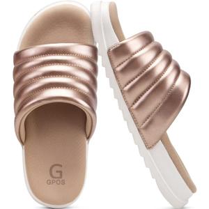 GPOS Womens Slides with Memory Foam Soft Cushioned Cozy House Slippers for Woman Comfy Open Toe Ladies Sandals Leather Slip on Bedroom Shoes Plantar Fasciitis Indoor Outdoor (Gold, M)