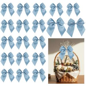 Dusty Blue Bows 5" Pre-Tied Twist Tie Bows 24 PCS Blue Satin Ribbon Bow for Gift Wrapping Treat Bags Wine Bottle DIY Crafts Baby Shower Birthday Wedding Party Favors