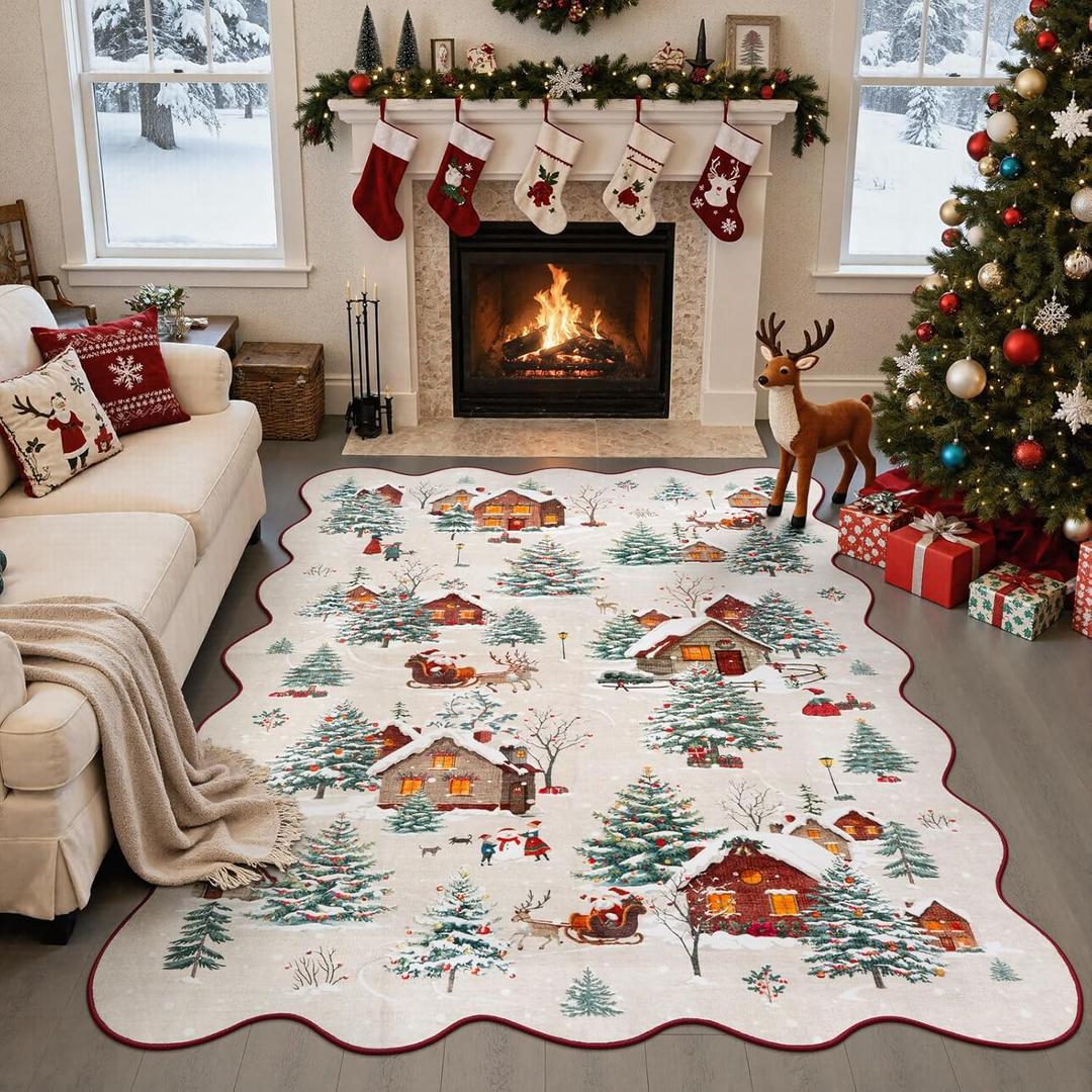 Collive Christmas Rugs for Bedroom, 5x7 Beige Washable Area Rug Non Slip, Soft Ultra-Thin Christmas Tree Santa Claus Holiday Decor Carpet for Living Room Kids Room Nursery