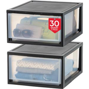 IRIS USA 30 Qt. Plastic Drawer Storage Organizer Stacking Drawers, 2-Pack, Stackable Unit with Sliding Drawer for Clothes Bedroom Kitchen Under Sink Pantry Craft Room Bathroom Dorm Office, Black