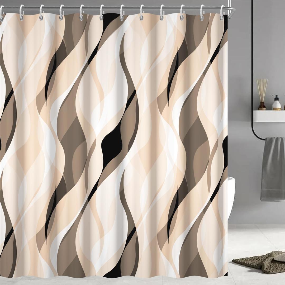 Cream Shower Curtain, Modern Abstract Cream and Grey Striped Shower Curtain Set for Bathroom Waterproof Polyester Shower Curtain with Hooks, 72x72 Inch
