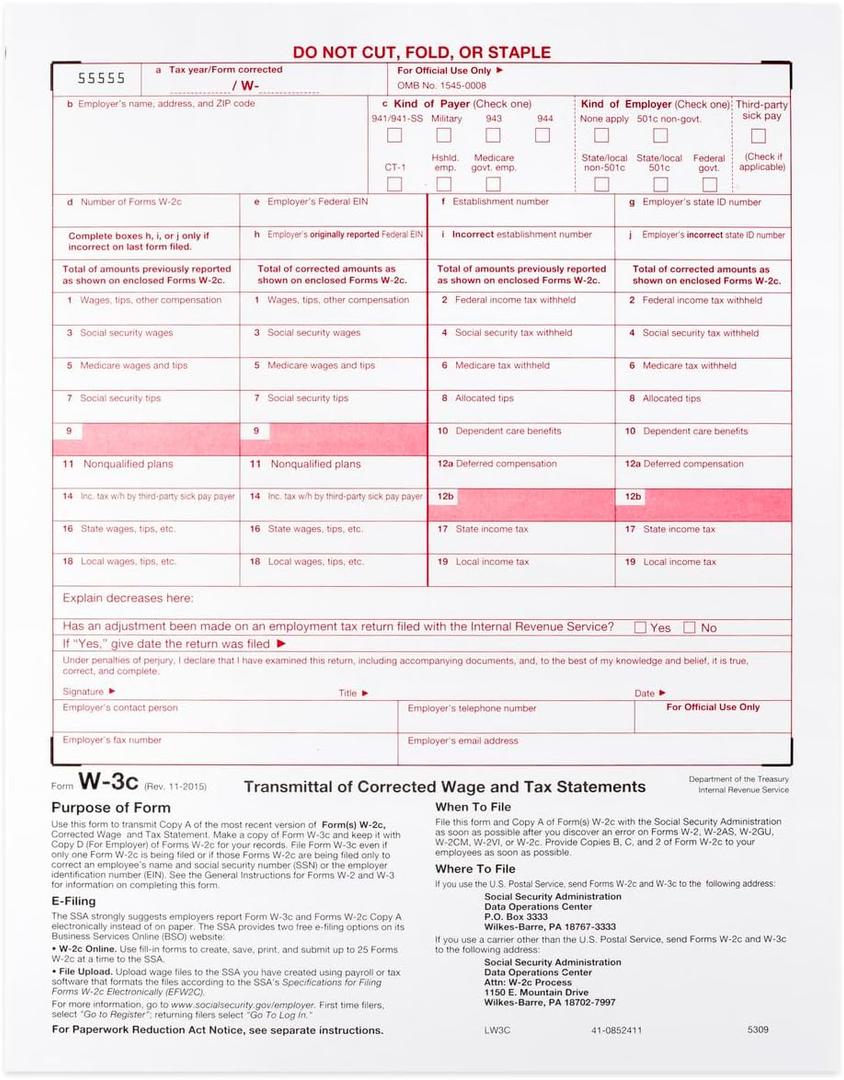 2025 W-3C Transmittal of Corrected Income Tax Forms ~ Wage Correction Forms ~ Wage and Tax Statements, W3 C Forms, Compatible with QuickBooks and Accounting Software, for Laser or Inkjet Printers