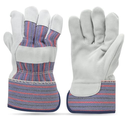 5015 5 Pairs Pack Leather palm work gloves cowhide leather suede finish, single or double palm, 100% Leather and 100% Cotton Back, Grey