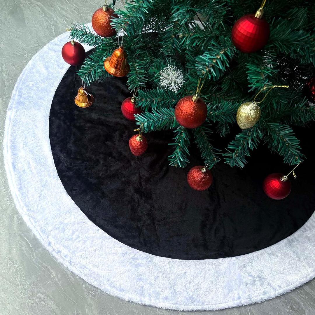 Black Christmas Tree Skirt Faux Fur Christmas Tree Skirt Black and White 48 Inch Neutral Soft Plush Xmas Trees Skirts Mat for Xmas Party Decorations New Year Holiday Home Ornaments