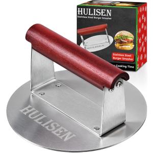 HULISEN 6.2" Stainless Steel Smashed Burger Press with Extra Wide Heat-Resistant Wood Handle, Burger Smasher for Flat Top Griddle, Grill, Skillet, Cast Iron Pan, Hamburger Cooking Accessories