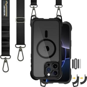 MAGEASY Designed for iPhone 16 Pro Max Case with Strap - [Camera Control Button Coverage] 20ft Ultimate Drop Protection Compatible with MagSafe, Vegan Leather Frame | Odyssey Strap M