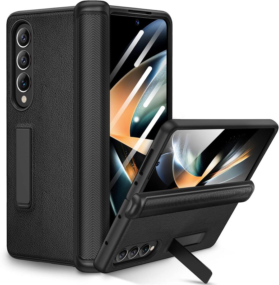 Ruky for Samsung Galaxy Z Fold 4 Case with Hinge Protection, Full Body Cases with Magnetic Kickstand & Screen Protector PU Leather Protective Stand Phone Case for Samsung Galaxy Z Fold 4, Black