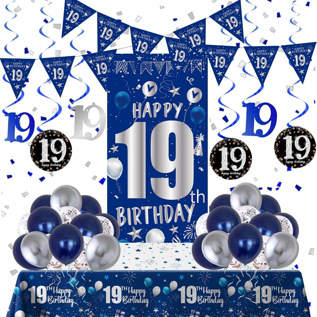 19th Birthday Decorations for Boys Men Girls, Blue Silver Happy 19th Birthday Decorations Boy with Bday Backdrop Banner Balloons Tablecloth Hanging Swirls Triangle Flag - 19 Year Old Party Supplies
