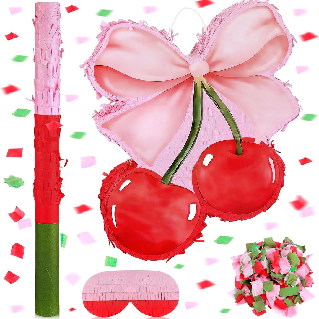 Coquette Pink Bow Cherry Piata Pink Girls Party Piata Bundle with a Blindfold, Bat and Confetti Birthday Coquette Party Supplies, 15.75"L x 12.99"W x 2.95"H