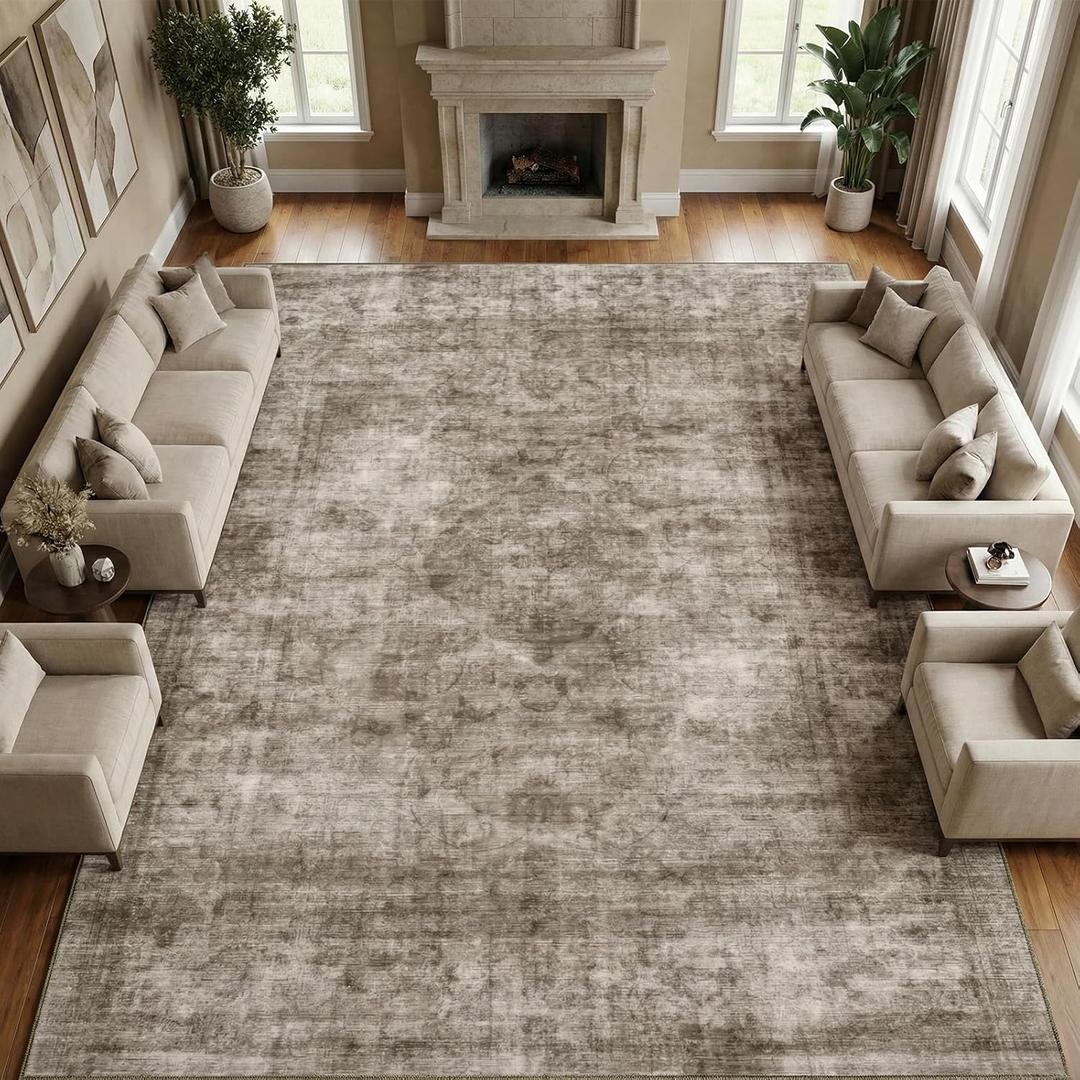 Homemate Washable Rug 9x12 Area Rugs - Vintage Faux Wool Rugs for Living Room Bedroom Dining Room - Non Slip Foldable Carpet Indoor Area Rug for Home Decor 9'x12', Brown
