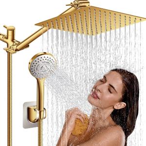 High Pressure Rainfall Shower Head/Handheld Shower Combo with 11" Adjustable Extension Arm, 5 Spray Settings Shower Heads with 60" Hose Anti-leak (Gold), 10"