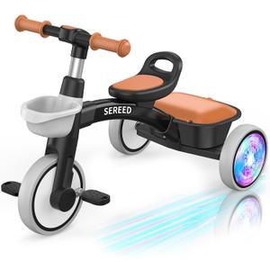 SEREED Colorful Lighting Toddler Tricycle for 2-5 Years Old Boys, Adjustable Seat&Handlebar Trike, Removable Basket, Birthday Gift Idea for Kids Ages 2+ (Black), Small
