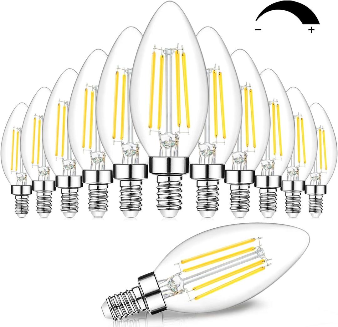 12-Pack Dimmable E12 LED Candelabra Bulbs 60W Equivalent, 5000K Daylight White, 600 Lumens B11 Candle Base 6W C35 LED Filament Vintage Light Bulbs, Clear Glass for Chandelier Ceiling Fan High CRI 90+
