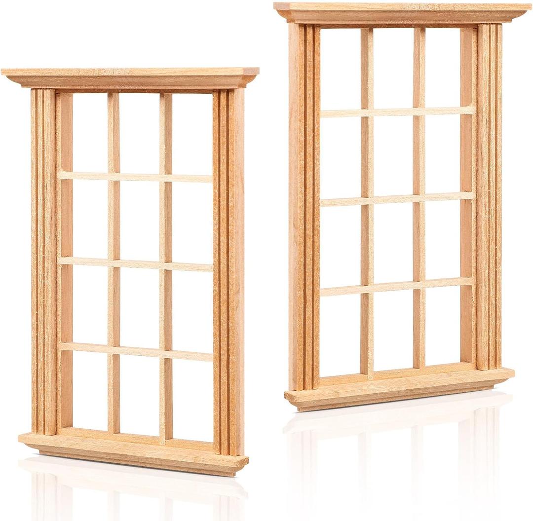 DOITOOL Dollhouse Window Frame 1/12 Scale, 2Pcs Miniature Wood Window 12 Grid, Unpainted Wooden Furniture Accessories for Mini House Crafts Diorama Decor (3.26 x 4.52 Inches)