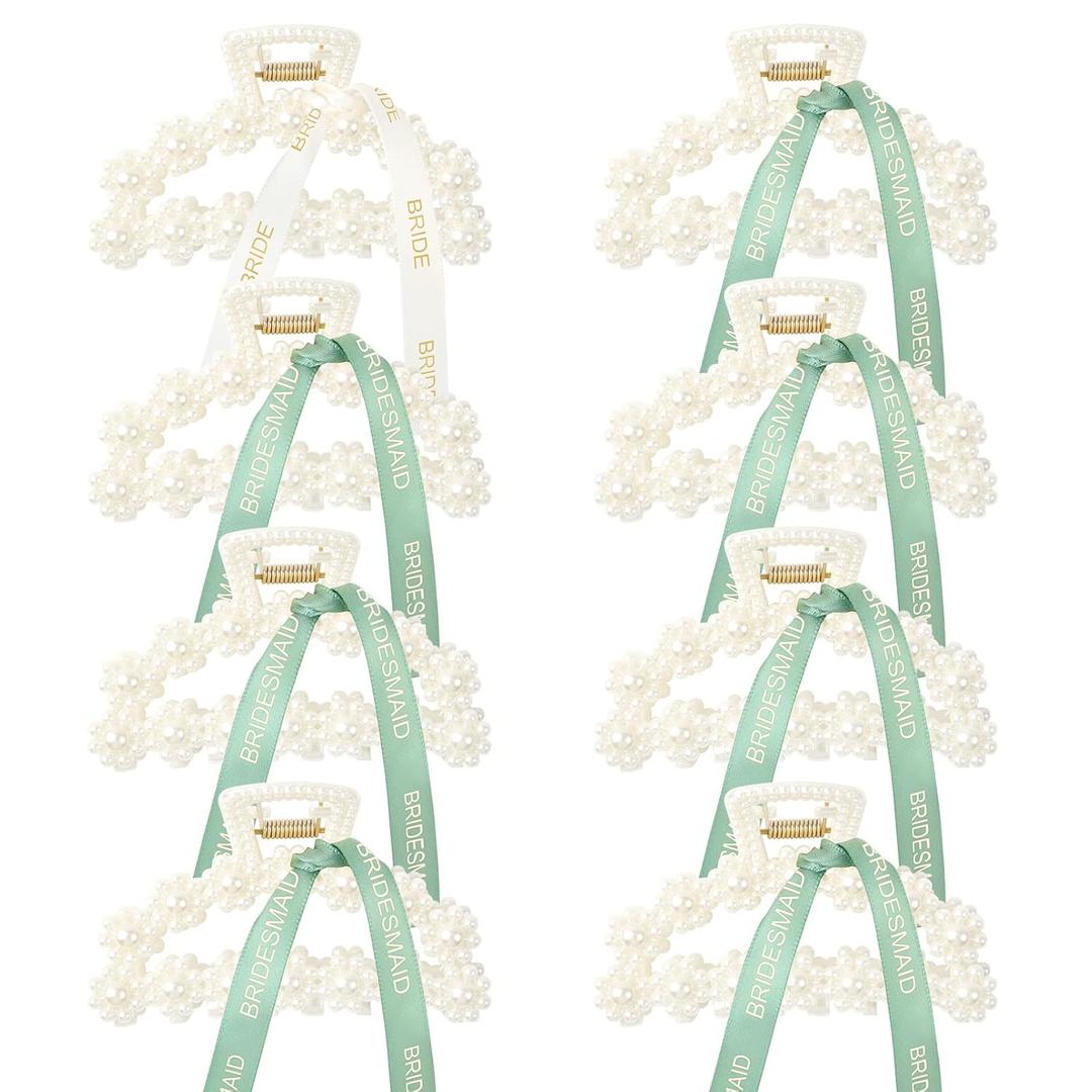 DEEKA Bridesmaid Proposal Gifts 8 Pack Pearl Bridesmaid Hair Claw Clips with Ribbon 3 Inch Hair Clips Bachelorette Party Favors Bridal Party Present Hair Accessories (Half Circle White&Green)