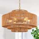 24" Rattan Pendant Lights Gold Rattan Chandelier Light Fixture 3-Tier Hand-Woven Rattans Chandelier 6 Light Wicker Pendant Light Rustic Light Fixtures Boho Pendant Light for Dining Room Bedroom (Brown-Gold Finsh)