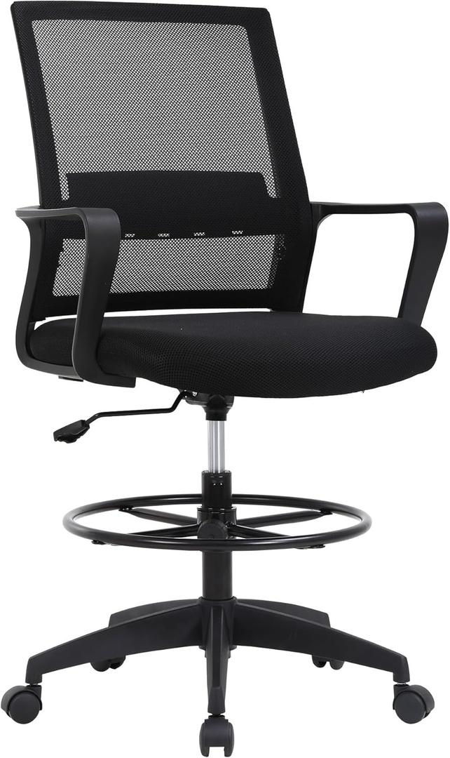 Drafting Chair Tall Office Chair Adjustable Swivel Rolling Mesh Height with Lumbar Support Arms Footrest Mid Back for Adults Standing Desk Drafting Stool (Black)