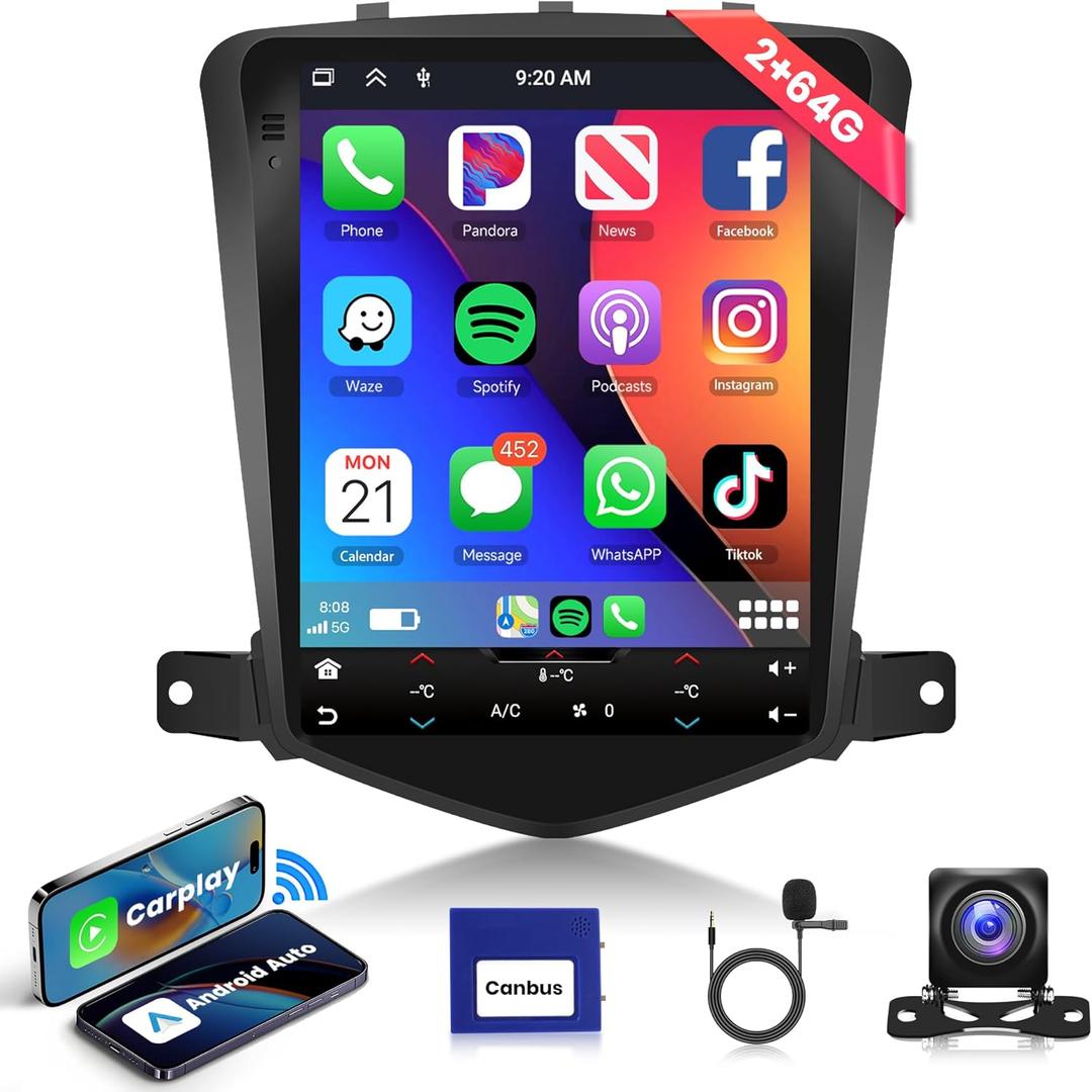 2+64G Android Car Stereo for Chevrolet Cruze J300 2009 2010 2011 2012 2013 2014 Wireless Carplay Android Auto, 9.7'' Touchscreen Car Radio Bluetooth GPS WiFi Mirror Link FM/RDS EQ Backup Camera SWC