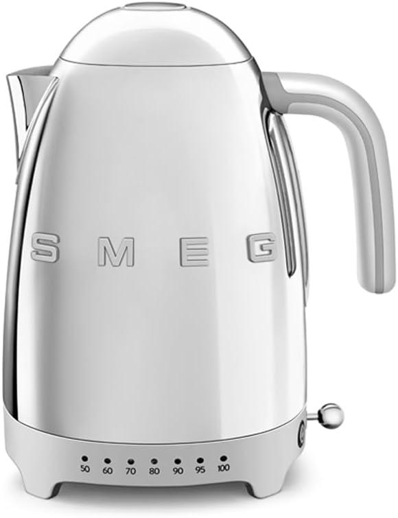 SMEG 7-Cup Variable Temperature Electric Kettle - Retro Style Aesthetic with Advanced Technology - Stainless Steel, 1400W, 120V, 360 Swivel Base, Keep Warm Function (Stainless Steel)