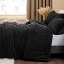 Fluffy Queen Comforter Set - Furry Black Leaves Pattern Faux Fur Bed Set, Winter Ultra Soft Fuzzy Comfort Set, Velvet Bedding Set for Bed with 2 Pillow Cases