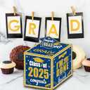 Graduation Decoration Class of 2025 Money Box - Blue and Gold Graduation Money Box for Cash Gift Pull Congrats Grad Card and 100Pcs Transparent Bags for Graduation Gift Party Supplies