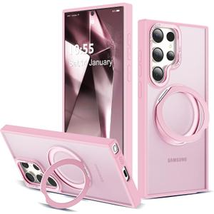 Compatible with Samsung Galaxy S22 & S23 Ultra Case with 360Rotatable Magnetic Ring Stand Compatible with Mag-Safe Military Protection Shockproof Translucent Phone Case,Pink