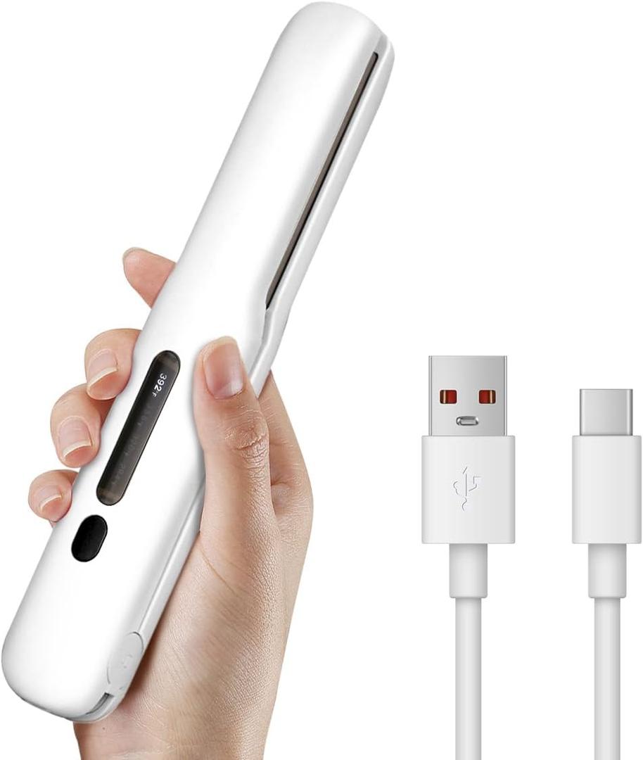 Gosect Cordless Hair Straightener, Mini Travel Flat Iron Rechargeable for Women, Portable Hair Straightener and Curler 2-in-1, Fast Heating, Adjustable Temp for On-The-Go Styling(White)