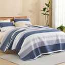 Litanika Quilt King Size Mineral Blue, Stripe Patchwork Summer Bedspread Coverlet 3 Pieces, Soft Lightweight Polyester Quilted Bedding Set for All Season(1 Quilt, 2 Pillowcases)