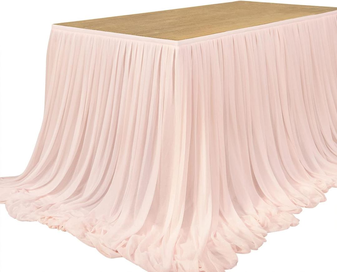 Ling's moment 9FT Blush Chiffon Table Skirt Recycle Use Extra Long Sheer Tablecloth for Backyard Wedding Reception Decorations Birthday Party Cake Dessert Decor