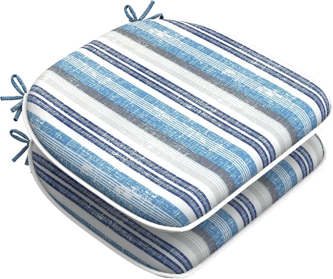 LVTXIII Outdoor Seat Cushions Patio Chair Pads with Ties, All Weather Chair Cushions for Home Office and Patio Garden Furniture Decoration D16xW17, Set of 2, Stripe Layered Blue