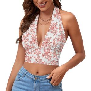 Rooscier Women's Halter Tie Back Crop Top | Deep V Neck Sleeveless Backless Cami (White, XL)