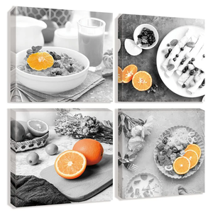 Kitchen Canvas Wall Art Black and White Food Prints Fruit Oranges Art Painting Pictures Abstract Still Life Artwork 4 Panels Framed Pictures