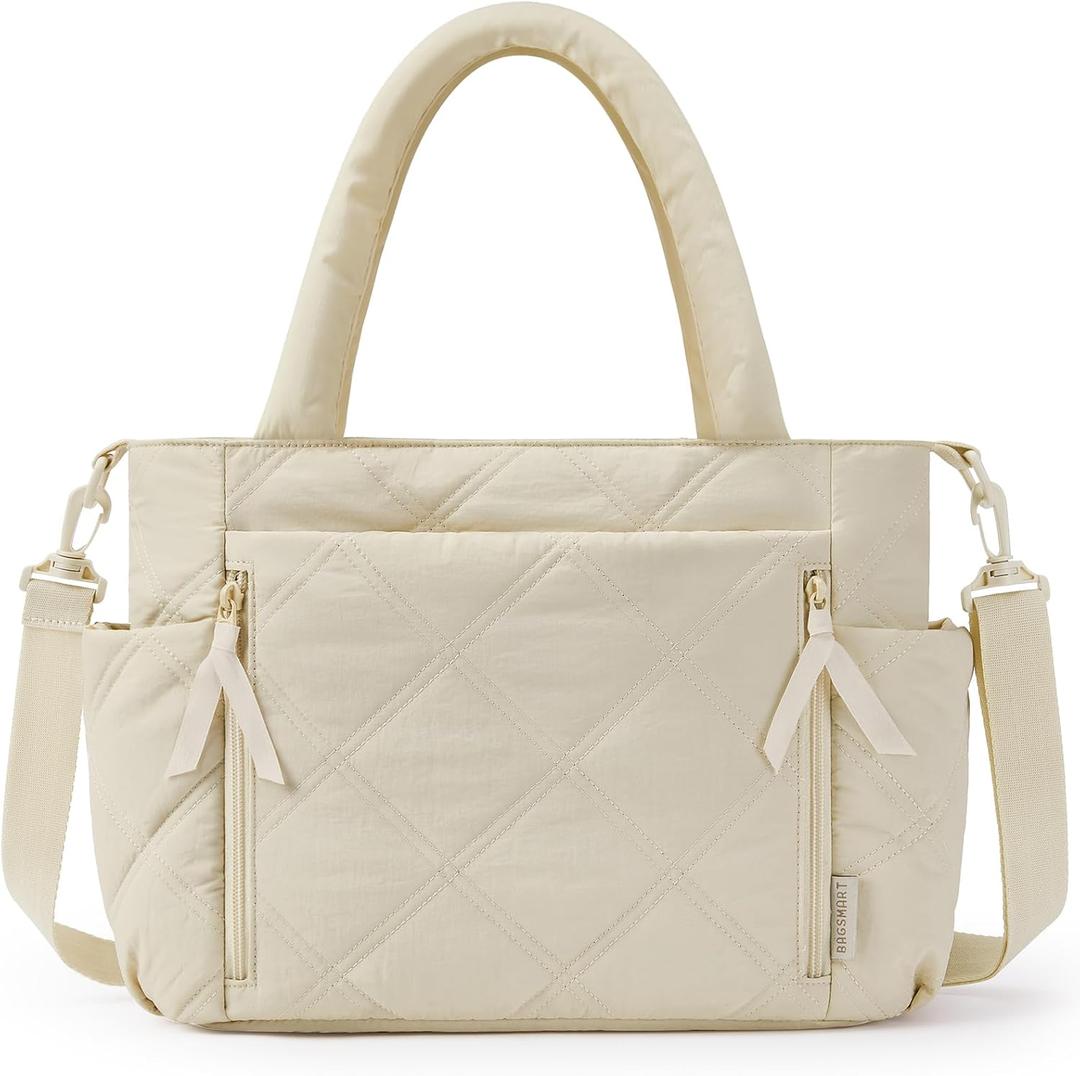 BAGSMART Tote Bag for Women, Puffer Tote Bag with Zipper, Shoulder Bag Handbag Quilted Tote Bag for Travel, Sport, Work (Large, Beige-fits 15.6" Laptop)