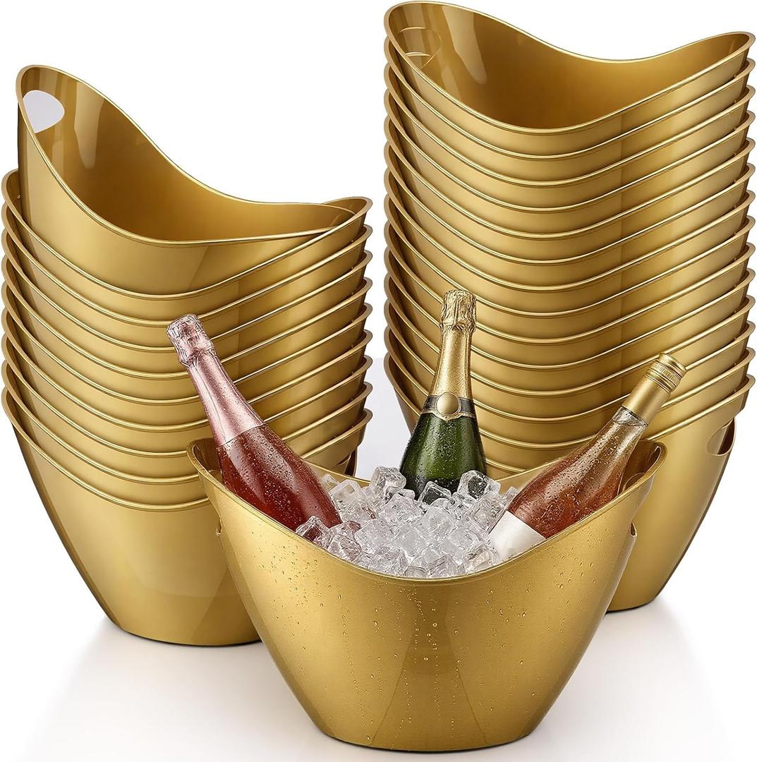 meekoo 24 Pcs 4 L Ice Bucket for Parties, Plastic Oval Storage Tub with Handle for Wine, Beer, Ice Drink Bucket for Wine, Champagne, Beer, Cocktail, Beverage Tub for Wedding, Bar, Picnic, Pool(Gold)