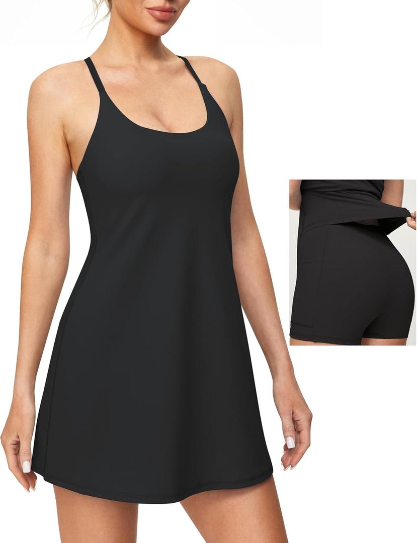 Heathyoga Womens Tennis Dress with Shorts Underneath & Bra Athletic Dress for Women Summer Dress with Pockets for Golf (X-Small, Black)