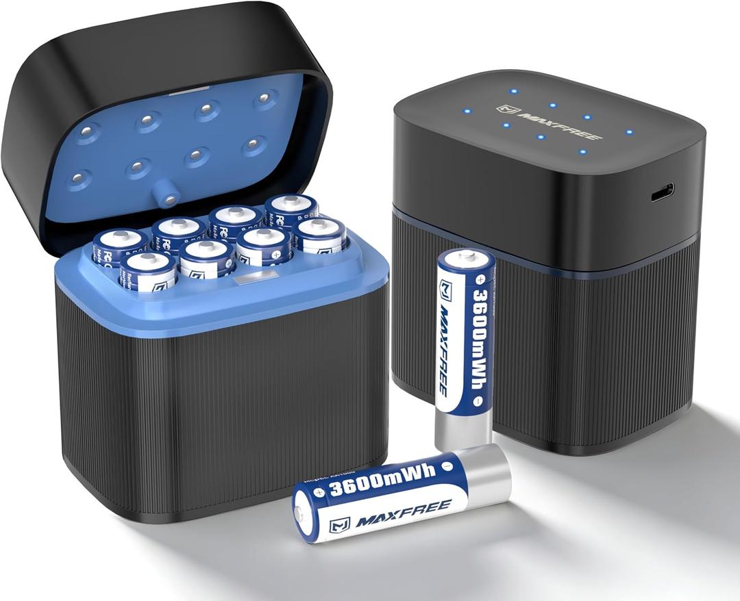 Maxfree Rechargeable AA Batteries Lithium with Charger, 8-Pack 1.5V 3600mWh Long Lasting Double A Batteries with LED Display, Cycle Times Up to 2500 Fast Charging for Blink Outdoor Cameras & Toys