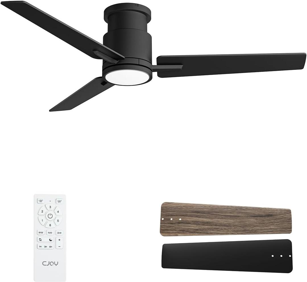CJOY 52'' Flush Mount Ceiling Fan with Lights, Low Profile Ceiling Fans with Lights and Remote, 6 Speeds Quiet Reversible DC, 3CCT Dimmable, Outdoor Ceiling Fans for Patios Bedroom Living Room (Black)