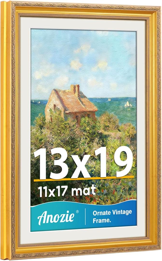 Vintage 13x19 Picture Frame,Antique Gold Photo Frames with Plexiglass Front,Ornate Picture Frames Display 11x17 with Mat or 13x19 Frame Without,Wall Dcor,1 Pack,Gold