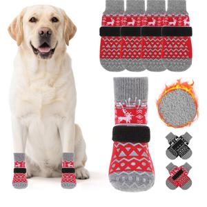 KOOLTAIL Dog Socks to Prevent Licking Paws, Dog Christmas Outfit Shoes for Winter Snow Pavement, Warm Fleece Pet Boots & Paw Protector for Hardwood Floors Anti Slip, Small Medium Large Size, Red M