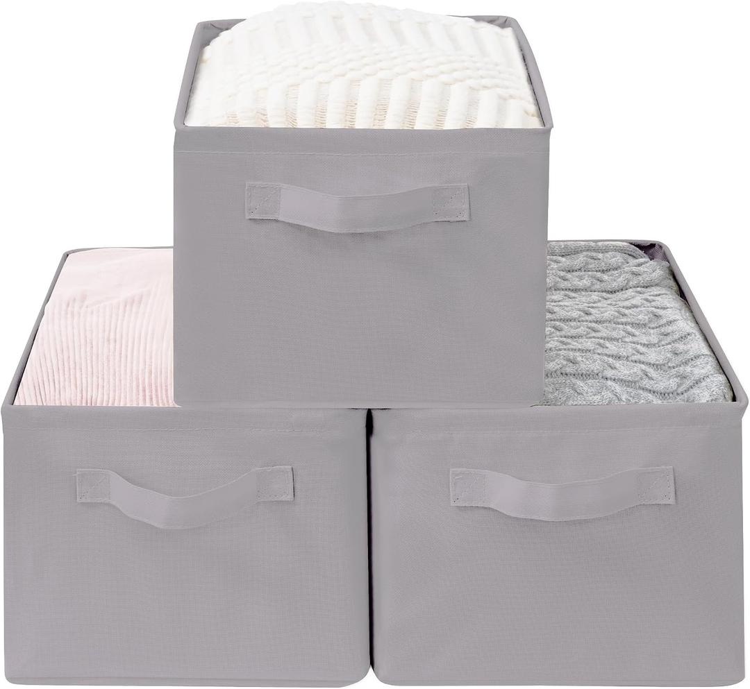 Storage Basket Bins with Metal Frame, Large Collapsible Fabric Storage Baskets for Organizing Shelf, Basket Organizer W/Handles for Towels, Laundry, Office, Home, 3-Pack, Grey