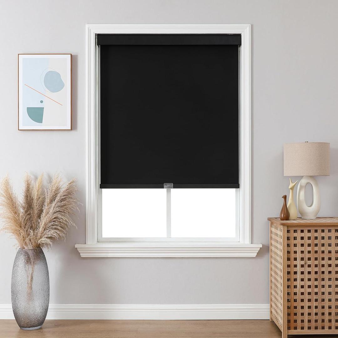 Joydeco 100% Blackout Roller Shades Cordless Blinds for Windows, Free-Stop Shades, UV Protection, Natural Woven Blinds for Home and Office, Light-Proof Aluminum Cover (Black, 55" W x 75" H)