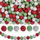 JarThenaAMCS 120Pcs Christmas Rhinestone Clay Bead 10mm Red Green White Loose Bead Sparkle Disco Ball Spacer Bead for Xmas Winter DIY Necklaces Bracelet Keychain Jewelry Making