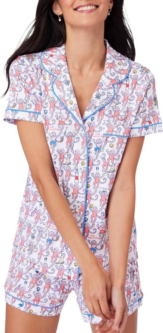 Women Y2k Pajamas Set Cute Preppy 2PCS Button Down Holiday Monkey Shorts Summer Outfit Beach Vacation Loungewear PJs (L)